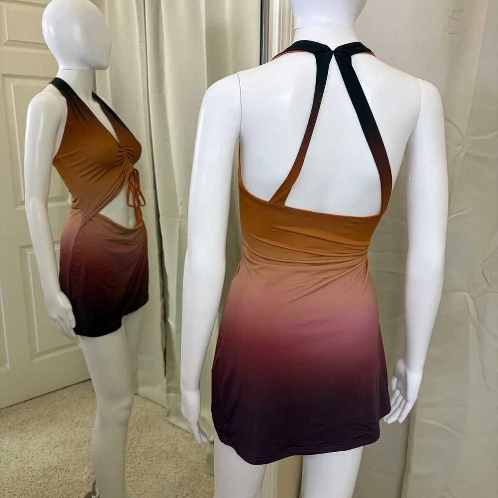 White Fox Boutique Ombre Halter Mini Dress Orange Purple Cutout Ruched Sunset
